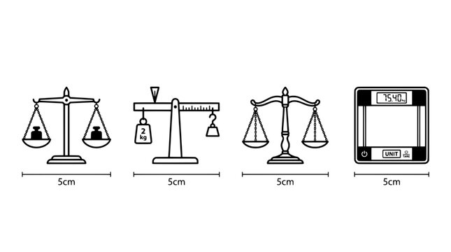 Scales justice icon set with balance beam, weights and hanging pans for law and legal education featuring weighing, courtroom, attorney with judge