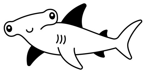Fototapeta premium Cute Hammerhead Shark Cartoon Illustration Simple Sea Animal Clipart Kawaii Ocean Character Minimal Line Art Marine Fish Isolated for Kids Design