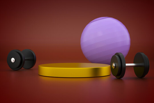 Dumbbell 3d rendering of stage podium stand on dark background exercise equipment gym fitness