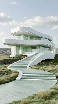 Modern house stands on a green landscape with curved design and clear walls in bright daylight