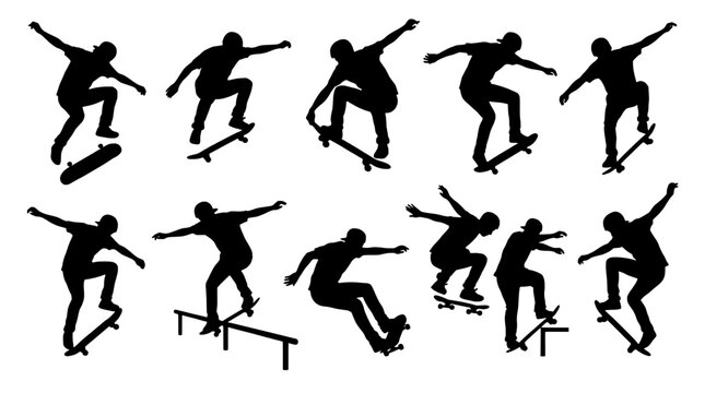 Skateboarders performing tricks with dynamic poses and movements featuring skateboarding, silhouette, black with white and action elements for sport,