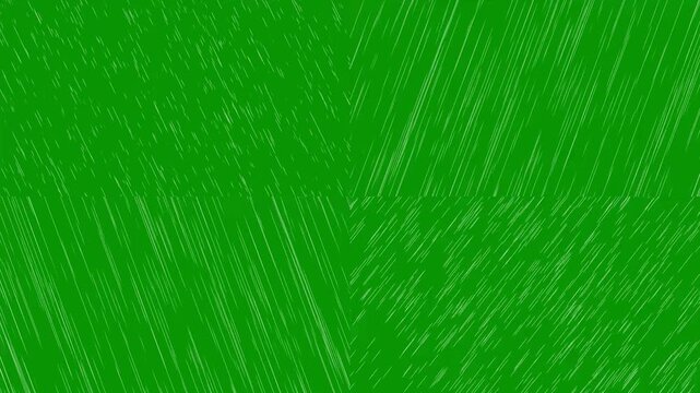 Bright green screen dense rain animation with vertical falling drops. 2D animated rainfall for chromakey background use. seamless loop for all kinds of video production and motion graphics.