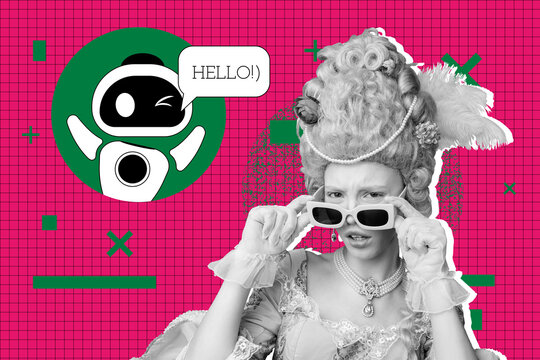 Zine pop image banner 3d photo collage of happy girl man stand artificial helper bot hello bubble communication future innovation