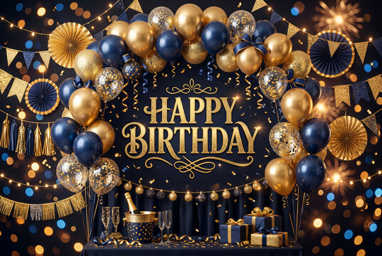 Happy birthday party with gold and navy balloons, confetti, gifts, and string lights