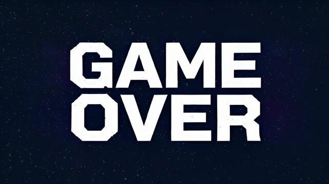 Game over glitch distortion progress over space arcade screen retro digital text dark background, bold white game text with digital error effect and futuristic style, over digital game screen with