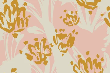 Seamless vector pattern featuring a vintage block print design. This boho cottagecore textile fabric blends geometric motifs with abstract nature textures, pink musta garden blooms, autumn fall leaves © milatoo