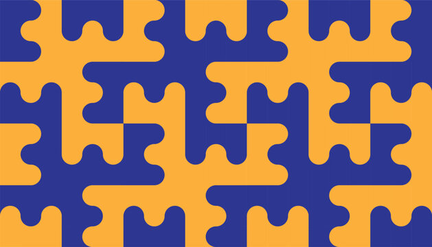 Modern geometric seamless pattern with rounded interlocking puzzle shapes. Abstract organic labyrinth vector background in vibrant blue and orange for creative packaging and trendy branding.