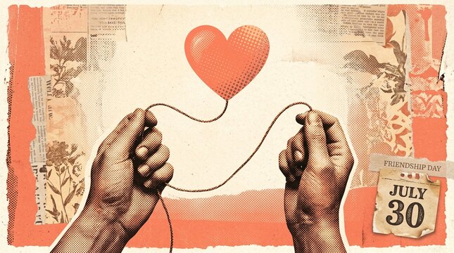 Vintage collage art featuring hands holding a heart string for friendship day