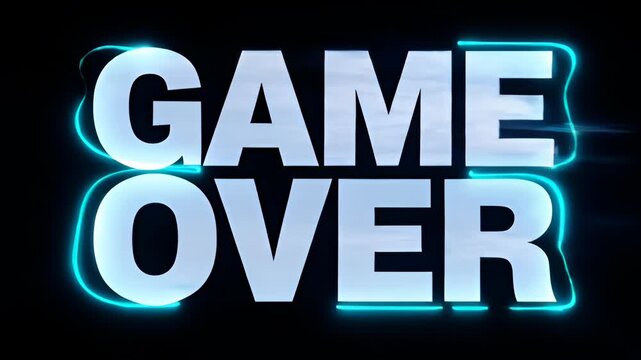Game over glitch distortion progress glowing blue text typography neon screen over black background, arcade end warning sign digital game screen with bold digital glitch and symbol of defeat