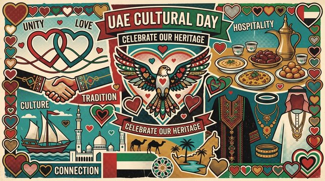 Uae cultural day illustration with traditional symbols and text