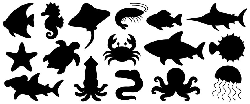 Black sea animal silhouette set illustration, marine life shapes with shark, turtle, crab, octopus, jellyfish, fish and seahorse for sticker, logo, print and apparel design