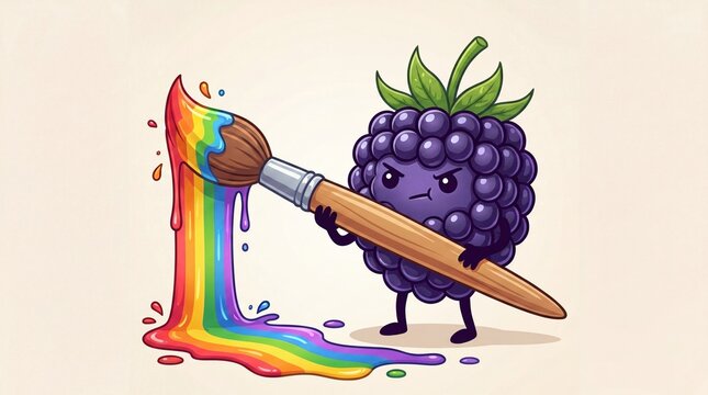 Whimsical Blackberry Artist with Rainbow Paintbrush Illustration