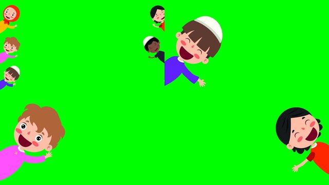 Multiple happy cute children characters popping out from edges playfully 2d animated cartoon on green screen chroma key background. high quality loop cycle vector illustration animation