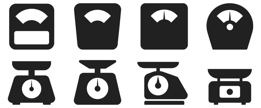 Weight scale icon set, clean vector illustration collection of weighing devices for cooking, fitness and healthcare monitoring with minimalist black silhouette style and measurement indicators.