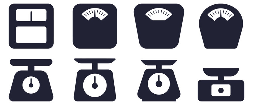 Weight scale icon set, modern black flat silhouette design featuring kitchen food weight instruments, body fitness scales and mass measurement symbols for health and nutrition applications.