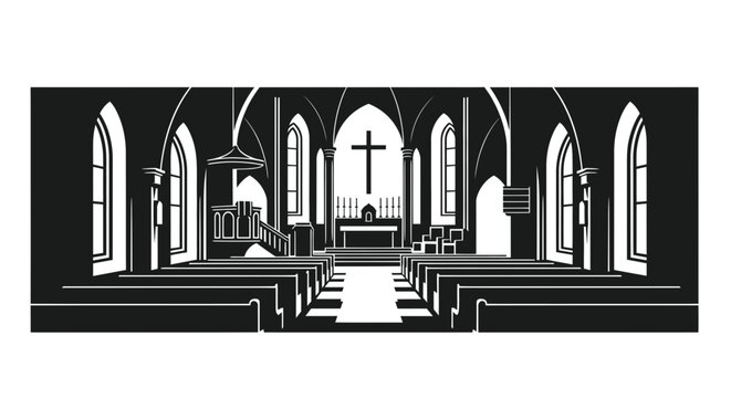 Gothic Church Interior Black and White Illustration - Altar, Pews, and Cross