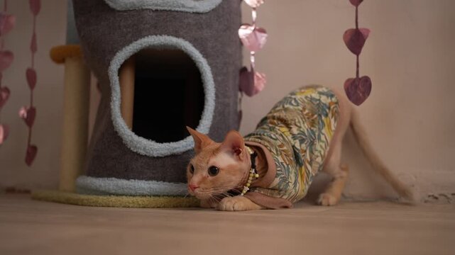 Adorable canadian sphynx cat wearing a fashionable sweater and necklace plays inside a room, demonstrating hunting behavior by stalking and preparing for a sudden leap