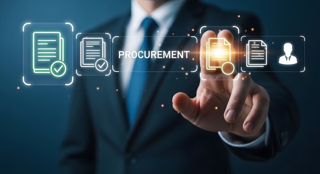 Digital procurement process business professional interacting with technology interface
