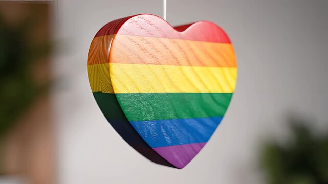 Rainbow Heart Ornament Hanging Outdoors Symbolizing Love and Pride.