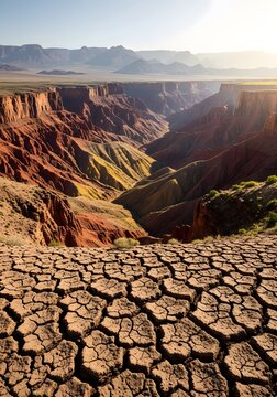 Aerial view of a vast desert canyon with dry cracked earth and mountains