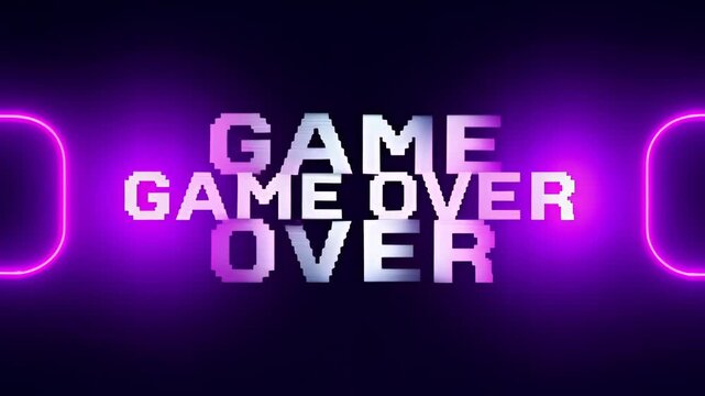 Retro game over glitch distortion progress scene with neon glow and pixel arcade screen over dark background, minimal digital error, search optimized title