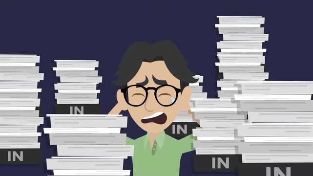 Close Up of Panicking Office Clerk Man Suffocating and Trapped by Giant Paper File Stacks Animation