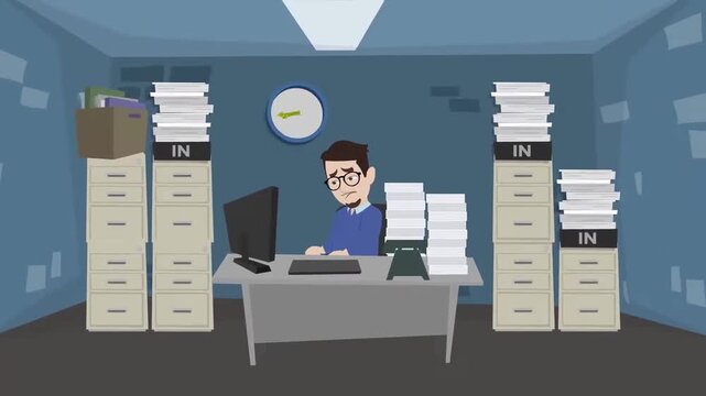 Stressed Employee Sitting at Office Desk Surrounded by Towering Overwhelming Stacks of Paper Document Animation