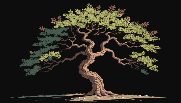 Bonsai tree vector art illustration for design element, pixel art style with dark background.
