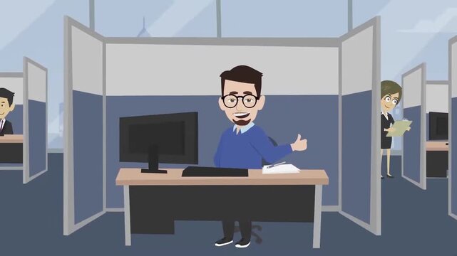 Professional Businessman Sitting in Office Cubicle and Showing Thumbs Up Approval Sign Animation