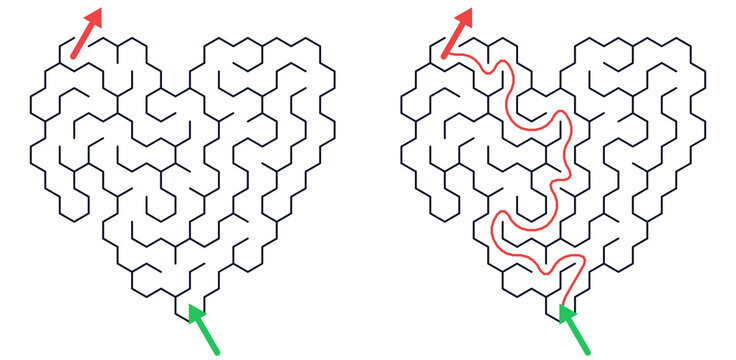 Heart-shaped easy maze with solved path and starting and finished points indicated  