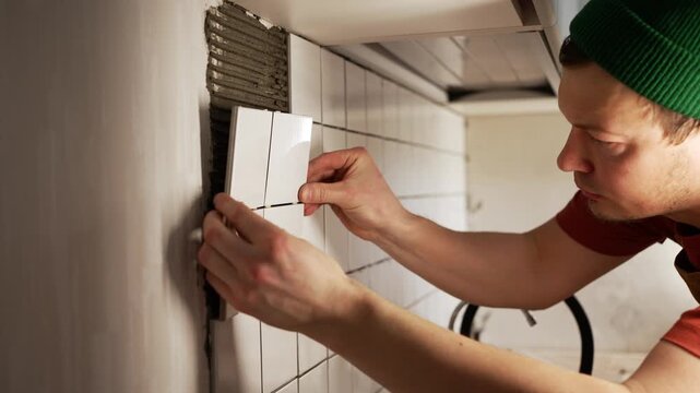 Male worker carefully installing white ceramic tiles on a kitchen wall, pressing each piece into the adhesive for a home renovation project and creating a new backsplash with precision