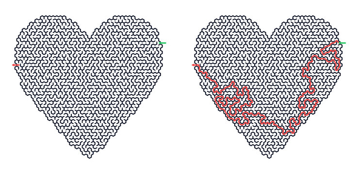 Heart-shaped hard maze with solved path and starting and finished points indicated  