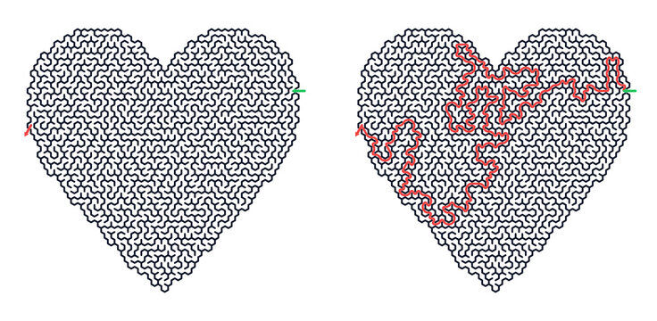 Heart-shaped hard maze with solved path and starting and finished points indicated  