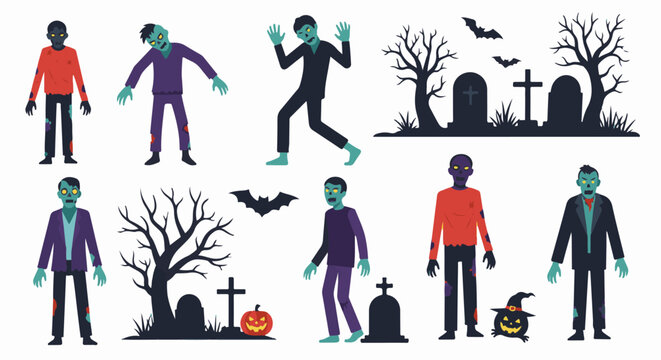 A collection of pixelated zombies and spooky Halloween elements, including bats and pumpkins