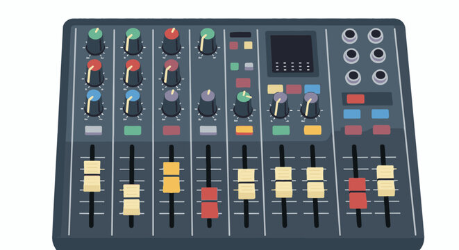 A colorful, cartoonish audio mixer with many knobs and sliders