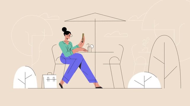 Young Woman Sitting at Outdoor Cafe Table Using Smartphone and Texting on Beige Background Animation