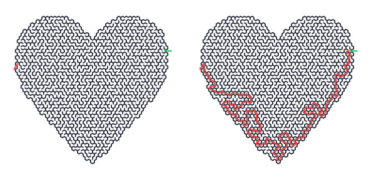Heart-shaped hard maze with solved path and starting and finished points indicated  