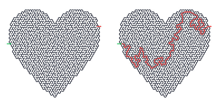 Heart-shaped hard maze with solved path and starting and finished points indicated  