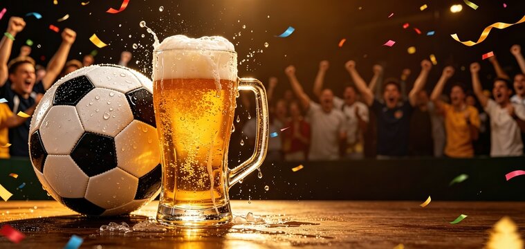 A soccer ball and foamy beer mug sit on a bar counter,Ideal for sports bar promotions, football match viewing parties, tournament victory celebrations, and festive sports event marketing materials.