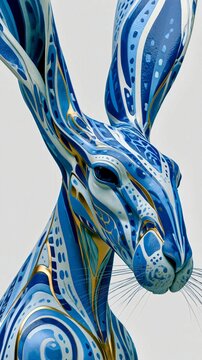 Blue painted hare with patterned design shown from the side in a simple setting