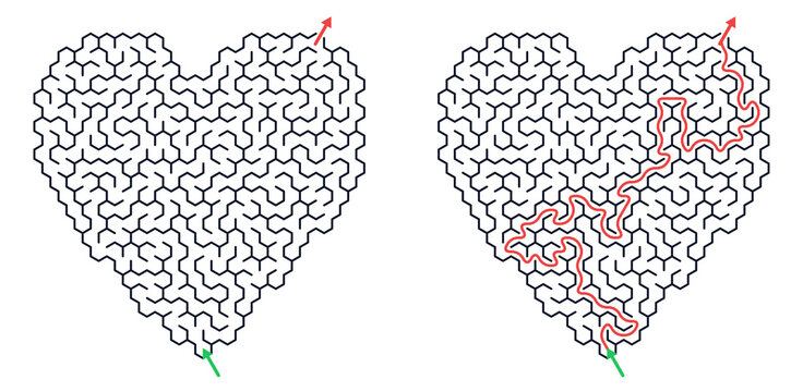 Heart-shaped medium maze with solved path and starting and finished points indicated  