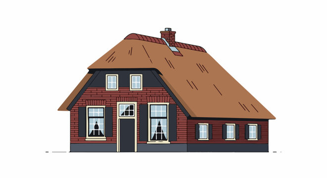 A stylized brick home with a large thatched roof and many windows