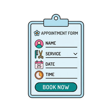 Appointment booking form on clipboard with service, date, and time selection.
