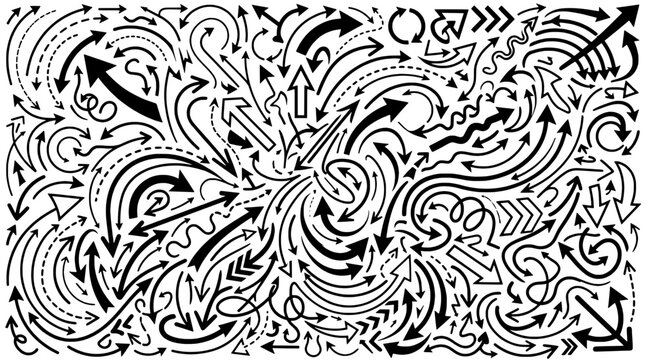 Arrows graffiti swirl pattern with black-and-white street art strokes and dynamic motion lines featuring doodle, stencil style, bold outlines with