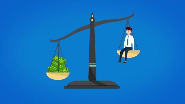 Classic Scale of Justice Unbalanced with Cash Money Sack Weighing Down Human Character Animation