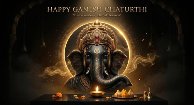 Ganesha idol adorned with golden crown and divine aura illuminated by a single candle flame during Ganesh Chaturthi celebrations