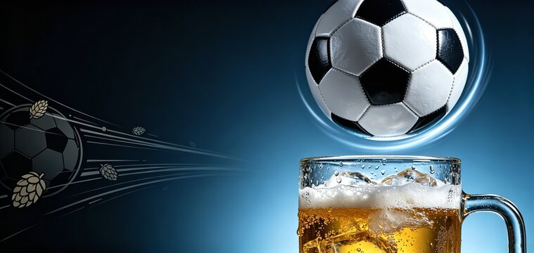 A soccer ball with a glowing blue ring hovers above a frothy beer mug, Ideal for sports bar promotions, football viewing party ads, and sports beverage marketing materials.