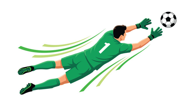 Professional soccer goalkeeper diving to catch the ball vector illustration isolated on white background