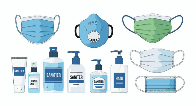 Collection of face masks and hand sanitizers for hygiene