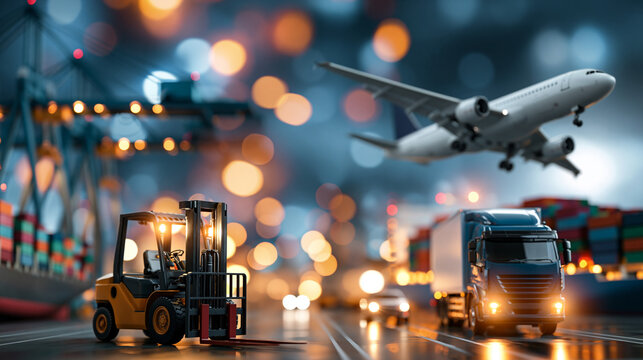 Wide logistics composite image featuring cargo cranes, a forklift, blue sky, a freight airplane, a container ship, and a delivery truck, all symbolizing the full spectrum of import and
